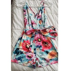 Blue Floral Shorts Wrap Floral Romper w/ Belt NWOT